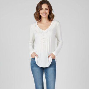 Aritzia Wilfred Top Embroidered neck Long Sleeve Side Split Slit Cream Size XS